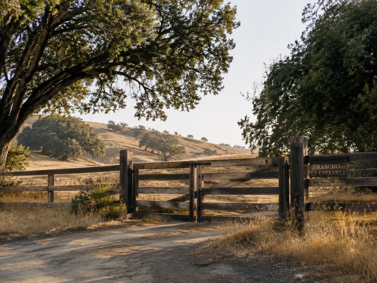 Property entrance with a wooden gate and oak trees