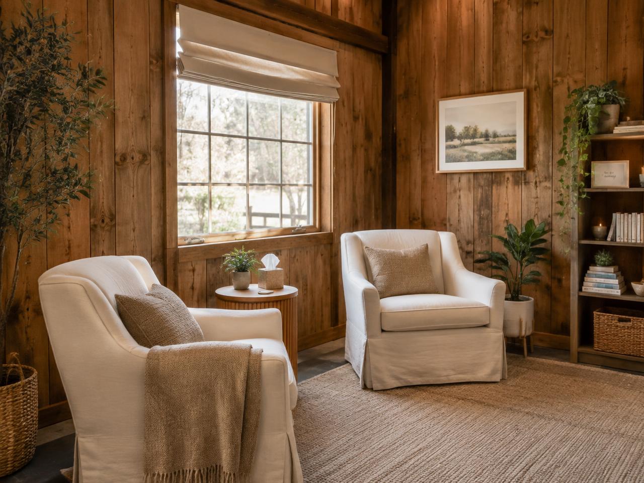 Converted stall therapy office with two linen chairs
