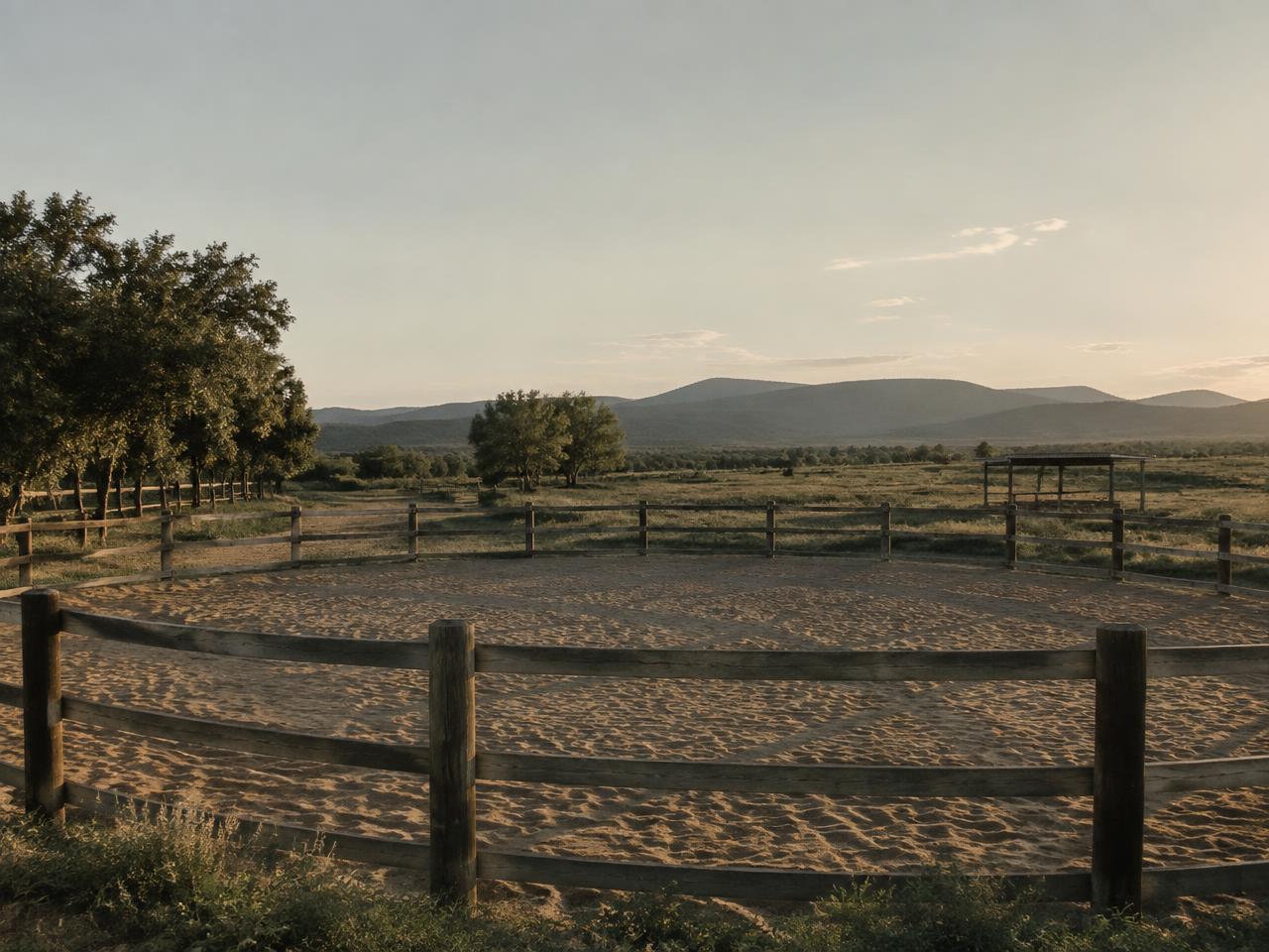 Quiet round pen at the Lakeside property in late afternoon light