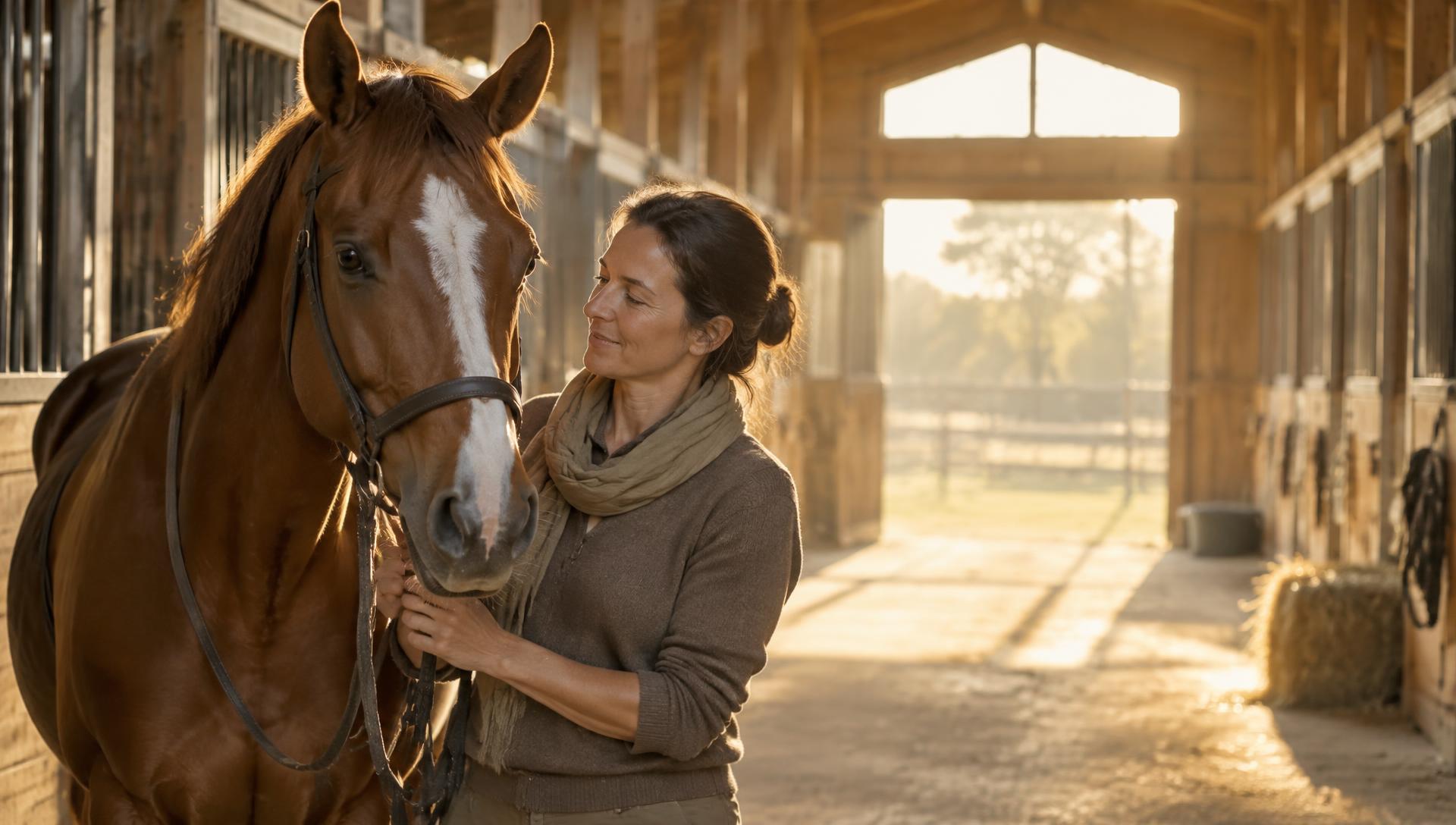 Amanda standing calmly beside a horse in a sunlit barn aisle